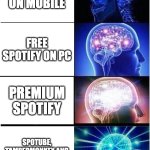 spotify be like | FREE SPOTIFY ON MOBILE; FREE SPOTIFY ON PC; PREMIUM SPOTIFY; SPOTUBE, TAMPERMONKEY AND SPOTIFY DOWNLOADER | image tagged in memes,expanding brain | made w/ Imgflip meme maker