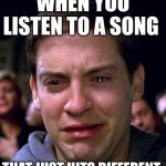 one of those days | WHEN YOU LISTEN TO A SONG; THAT JUST HITS DIFFERENT | image tagged in crying peter parker | made w/ Imgflip meme maker