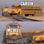 Schoolbus hit by train | CAREEN; MCDEE | image tagged in schoolbus hit by train | made w/ Imgflip meme maker