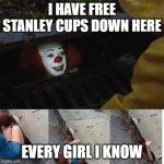 Stanley cups | I HAVE FREE STANLEY CUPS DOWN HERE; EVERY GIRL I KNOW | image tagged in pennywise in sewer | made w/ Imgflip meme maker