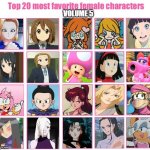 top 20 favorite female characters volume 5 | image tagged in 20 favorite female characters volume 5,top 10,favorites,anime,videogames,movies | made w/ Imgflip meme maker