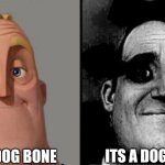 Mr. Incredibile | ITS A DOG BONE; ITS A DOG BONE | image tagged in traumatized mr incredible | made w/ Imgflip meme maker