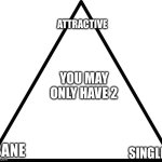 triangle | ATTRACTIVE; YOU MAY ONLY HAVE 2; SANE; SINGLE | image tagged in triangle | made w/ Imgflip meme maker
