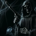 Grim reaper skeleton holding a gun, point at the screen