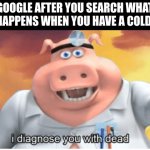 I diagnose you with dead | GOOGLE AFTER YOU SEARCH WHAT HAPPENS WHEN YOU HAVE A COLD: | image tagged in i diagnose you with dead,google,cold,disease | made w/ Imgflip meme maker