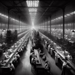 A black-and-white image of a crowded, busy factory floor from th