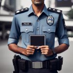 A swat policeman holding a Sign