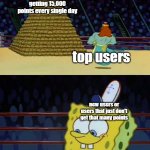 King Neptune vs Spongebob | getting 15,000 points every single day; top users; new users or users that just don't get that many points; getting 1,000 points a day if they're lucky | image tagged in king neptune vs spongebob | made w/ Imgflip meme maker
