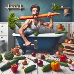 Man crazily doing bathroom renovations with vegetables in the ba