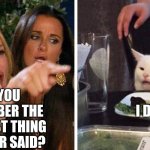 Smudge that darn cat with Karen | DO YOU REMEMBER THE DUMBEST THING YOU EVER SAID? I DO | image tagged in smudge that darn cat with karen | made w/ Imgflip meme maker