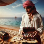 A picture of a pirate with a treasure chest filled with gold coi