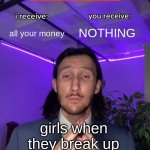 Girls when they break up | all your money; NOTHING; girls when they break up | image tagged in trade offer | made w/ Imgflip meme maker