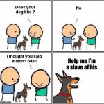 The dog needs help | Help me I’m a slave of his | image tagged in does your dog bite | made w/ Imgflip meme maker