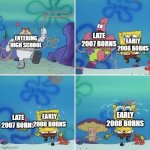 Late 2007 Vs Early 2008 | LATE 2007 BORNS; ENTERING HIGH SCHOOL; EARLY 2008 BORNS; EARLY 2008 BORNS; EARLY 2008 BORNS; LATE 2007 BORNS | image tagged in sandy lasso,2007,2008,2007 borns,2008 borns,highschool | made w/ Imgflip meme maker
