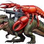 Lobster holding a m16 while riding a trex