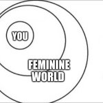 feminine | YOU; FEMININE WORLD | image tagged in venn inter circles diagram | made w/ Imgflip meme maker