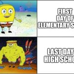 school be like | FIRST DAY OF ELEMENTARY SCHOOL; LAST DAY OF HIGH SCHOOL | image tagged in weak vs strong spongebob | made w/ Imgflip meme maker