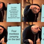 5 little monkeys jumping on the bed | Five little monkeys are jumping on the bed and one of them fell off and bumped their head; I called a doctor and the doctor said no more monkeys jumping on the bed; Four monkeys jumping on the bed; Four monkeys jumping on the bed | image tagged in memes,gru's plan,monkeys jumping on the bed | made w/ Imgflip meme maker