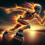 Badass skeleton with flames wearing a bandana while rollerbladin