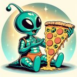 Alien eating pizza