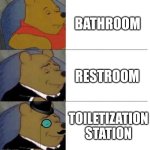 Toiletization station | BATHROOM; RESTROOM; TOILETIZATION STATION | image tagged in tuxedo winnie the pooh 3 panel,bathroom,restroom | made w/ Imgflip meme maker
