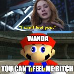 wanda can't feel mario | WANDA; YOU CAN'T FEEL ME BITCH | image tagged in smg4 mario derp reaction,wandavision,feelings,i can't even,marvel,no bitches | made w/ Imgflip meme maker