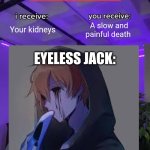 Trade Offer | Your kidneys; A slow and painful death; EYELESS JACK:; "I assume we have a deal?" | image tagged in trade offer | made w/ Imgflip meme maker