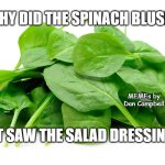 Spinach | WHY DID THE SPINACH BLUSH? MEMEs by Dan Campbell; IT SAW THE SALAD DRESSING | image tagged in spinach | made w/ Imgflip meme maker