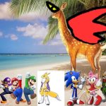 Wario and Friends dies by a Winged horned Rabbuck while exploring in a tropical island | image tagged in island paradise,wario dies,digimon,super mario,sonic the hedgehog,star fox | made w/ Imgflip meme maker