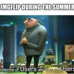 In terms of we have no | IMGFLIP DURING THE SUMMER:; Users; Users | image tagged in in terms of we have no | made w/ Imgflip meme maker