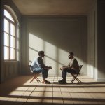 two guys sitting in a big empty room