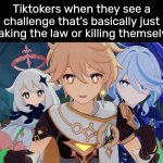 The Tiktokers are surely stupid. | Tiktokers when they see a challenge that's basically just breaking the law or killing themselves: | image tagged in memes,tiktok,challenge | made w/ Imgflip meme maker