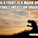 praying | AVOIDING A FIGHT IS A MARK OF HONOR;
    ONLY FOOLS INSIST ON QUARRELING. PROVERBS 20:3 | image tagged in praying,wisdom | made w/ Imgflip meme maker
