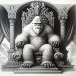 A Yeti on a throne with armor on