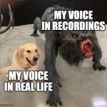 . | MY VOICE IN RECORDINGS; MY VOICE IN REAL LIFE | image tagged in dog vs werewolf | made w/ Imgflip meme maker