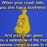 I think we all damn well know where this is going | When your crush tells you she has a boyfriend; And your brain gives you a slideshow of the most gruesome crimes known to man | image tagged in gifs,boyfriend,when your crush,crush | made w/ Imgflip video-to-gif maker