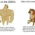 Buff Doge vs. Cheems Meme | Kids in the 2000’s; Kids in the current era; Ayyy what’s up man? Wanna watch the new spider man movie? Cool! Let’s go to the theater :); What’s up sigmas? Wanna watch the new skibidi toilet? OMG! This will be so rizzma! I’ll go get the skibidi slicers! | image tagged in memes,buff doge vs cheems | made w/ Imgflip meme maker