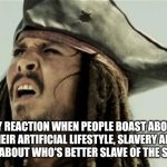 confused dafuq jack sparrow what | MY REACTION WHEN PEOPLE BOAST ABOUT THEIR ARTIFICIAL LIFESTYLE, SLAVERY AND ARGUE ABOUT WHO'S BETTER SLAVE OF THE SYSTEM | image tagged in confused dafuq jack sparrow what | made w/ Imgflip meme maker
