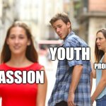 It's sad but true... | YOUTH; PROFESSION; PASSION | image tagged in memes,distracted boyfriend,jobs,passion,youth | made w/ Imgflip meme maker
