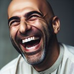 Guy with no hair and no beard laughing