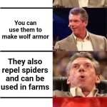 Finally | Added armadillos to Minecraft; You can use them to make wolf armor; They also repel spiders and can be used in farms; They eat spider eyes so spider eyes actually have a use in large numbers | image tagged in vince mcmahon reaction w/glowing eyes,minecraft memes,minecraft | made w/ Imgflip meme maker