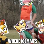 MegaMan Rugby Practice | THIS IS THE DLNS DOING A STUNT; WHERE ICEMAN'S CHUBBY BELLY WOULD BLOCK ELECMAN'S VIEW | image tagged in megaman powered up,wtf,chubby,tummy,rugby | made w/ Imgflip meme maker