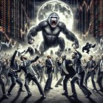 angry apes going to war against men in suits at the stock market