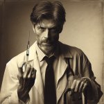 Doctor House in a lab coat holding a syringe in sepia tones