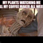 Alien Dying | MY PLANTS WATCHING ME FILL MY COFFEE MAKER ALL WEEK. | image tagged in alien dying | made w/ Imgflip meme maker