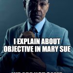 Explain about Mary Sue | YOU EXPLAIN ABOUT SUBJECTIVE IN MARY SUE; I EXPLAIN ABOUT OBJECTIVE IN MARY SUE; WE ARE NOT SAME | image tagged in gus fring we are not the same,mary sue,writing,writer,story | made w/ Imgflip meme maker