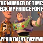X, X Everywhere | THE NUMBER OF TIMES I CHECK MY FRIDGE FOR FOOD; DISAPPOINTMENT EVERYWHERE | image tagged in memes,x x everywhere | made w/ Imgflip meme maker