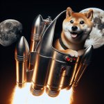 shiba inu dog riding a rocket ship going to the moon