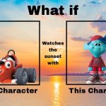 What if Roary the Racing Car watches the sunset with Sam Gillman? | image tagged in what if a character watches the sunset with who,roary the racing car,sam gillman,chapman entertainment,dreamworks,cosgrove hall | made w/ Imgflip meme maker