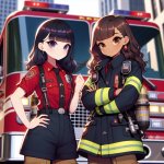 anime fire figther girls posing infront of fire engine
